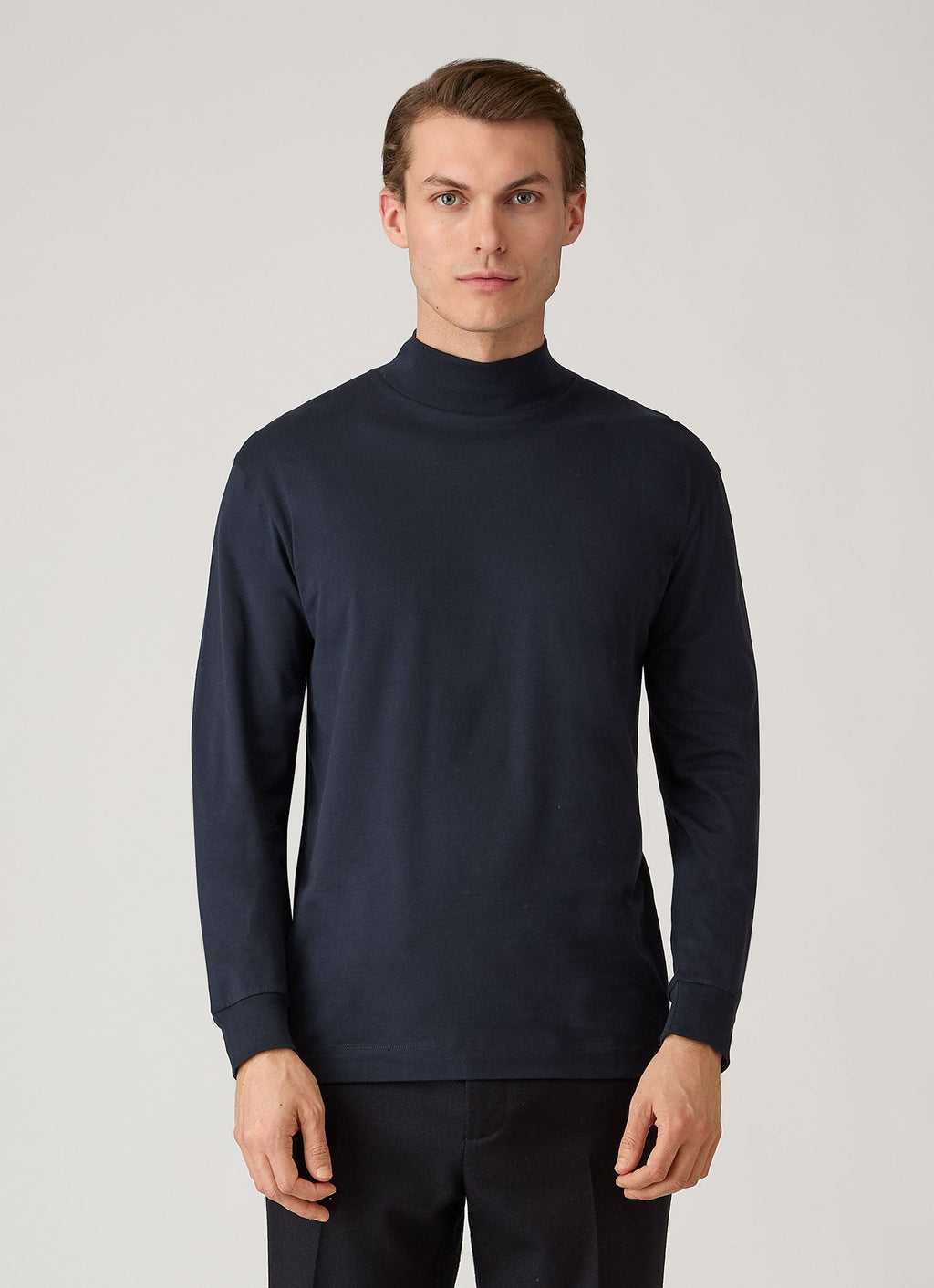Men's Long Sleeve Brushed Cotton Mock Neck T-shirt in Midnight Navy
